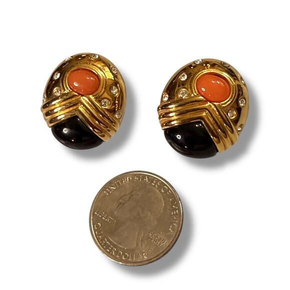 VTG Joan Rivers Earrings Womens Gold Tone Black Enamel Orange Cabochon Clip On - Picture 5 of 5